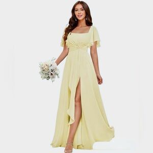 Elegant Yellow Formal Bridesmaid Prom Dress with Pockets